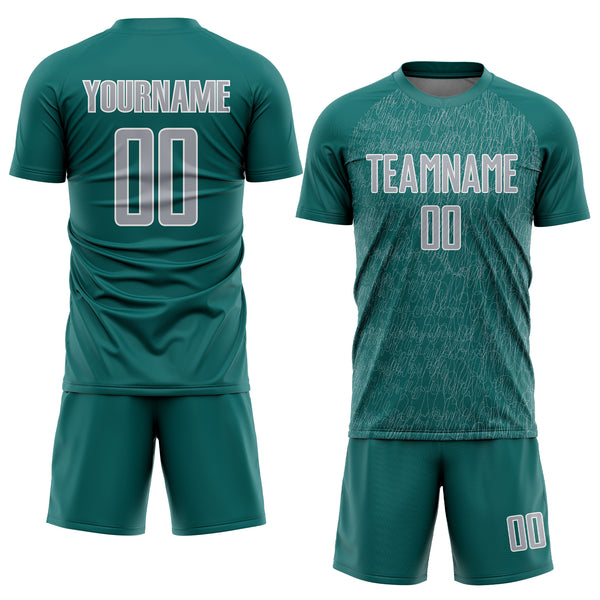 Custom Teal Gray-White Abstract Scribble Curve Line Pattern Sports Sublimation Soccer Uniform Jersey