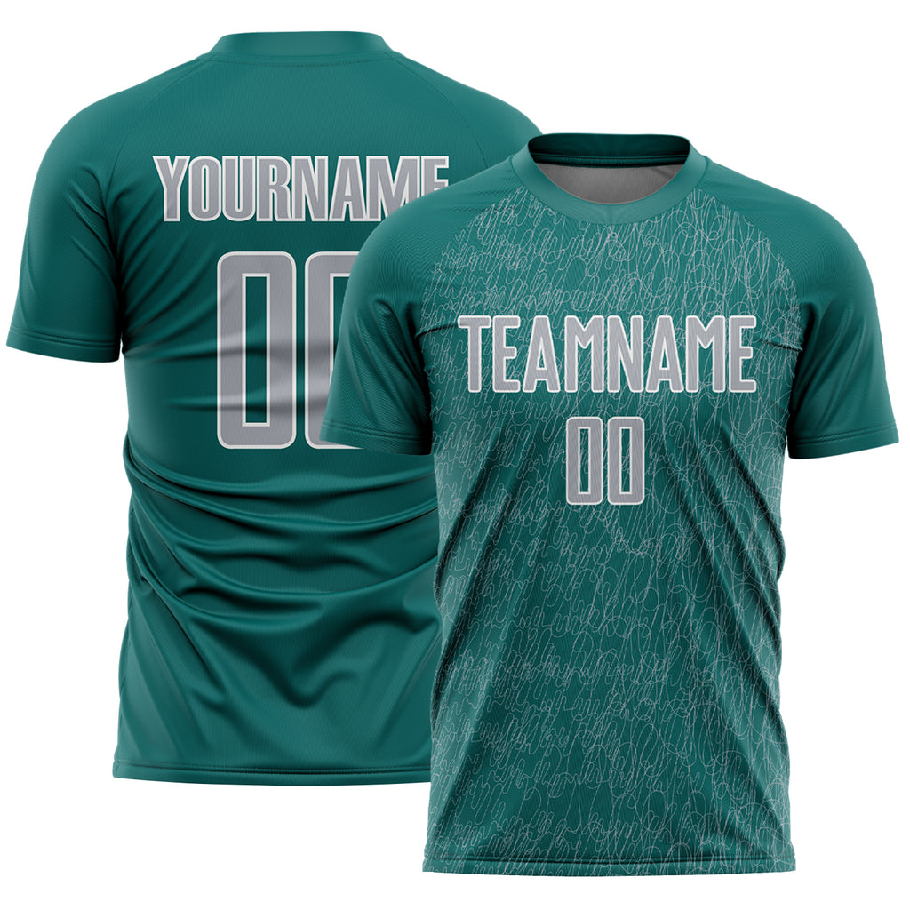 Custom Teal Gray-White Abstract Scribble Curve Line Pattern Sports Sublimation Soccer Uniform Jersey