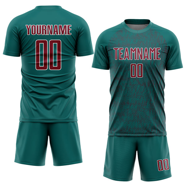 Custom Teal Crimson-White Abstract Scribble Curve Line Pattern Sports Sublimation Soccer Uniform Jersey