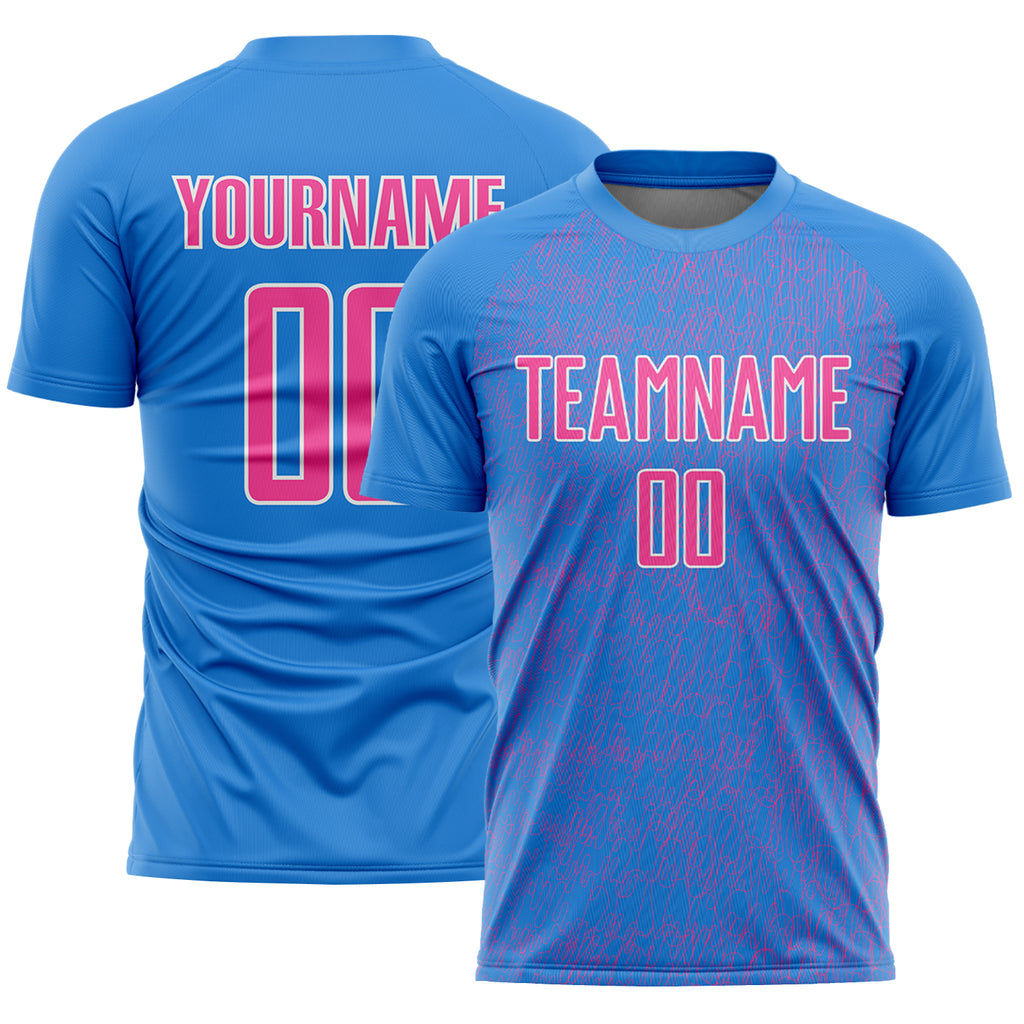 Custom Powder Blue Pink-White Abstract Scribble Curve Line Pattern Sports Sublimation Soccer Uniform Jersey