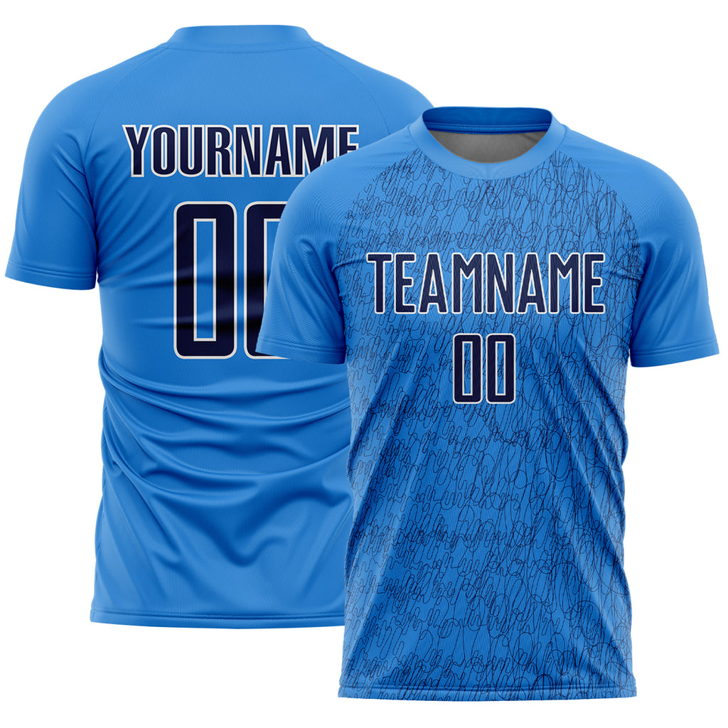 Custom Powder Blue Navy-White Abstract Scribble Curve Line Pattern Sports Sublimation Soccer Uniform Jersey