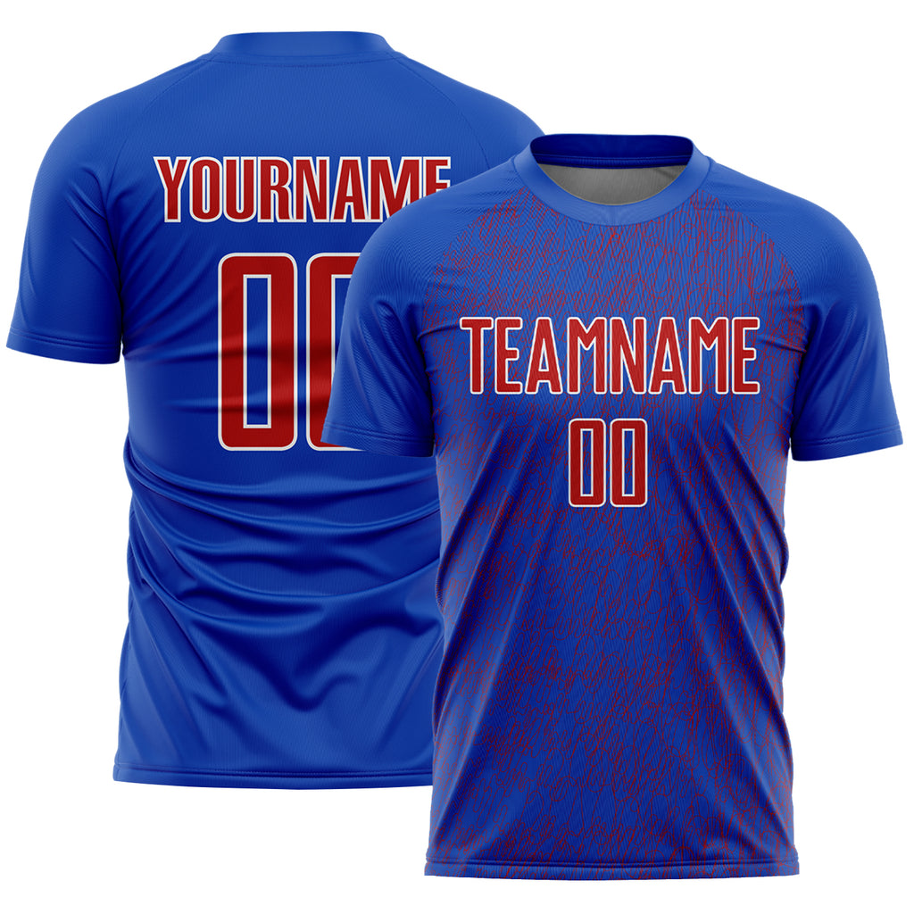 Custom Thunder Blue Red-White Abstract Scribble Curve Line Pattern Sports Sublimation Soccer Uniform Jersey