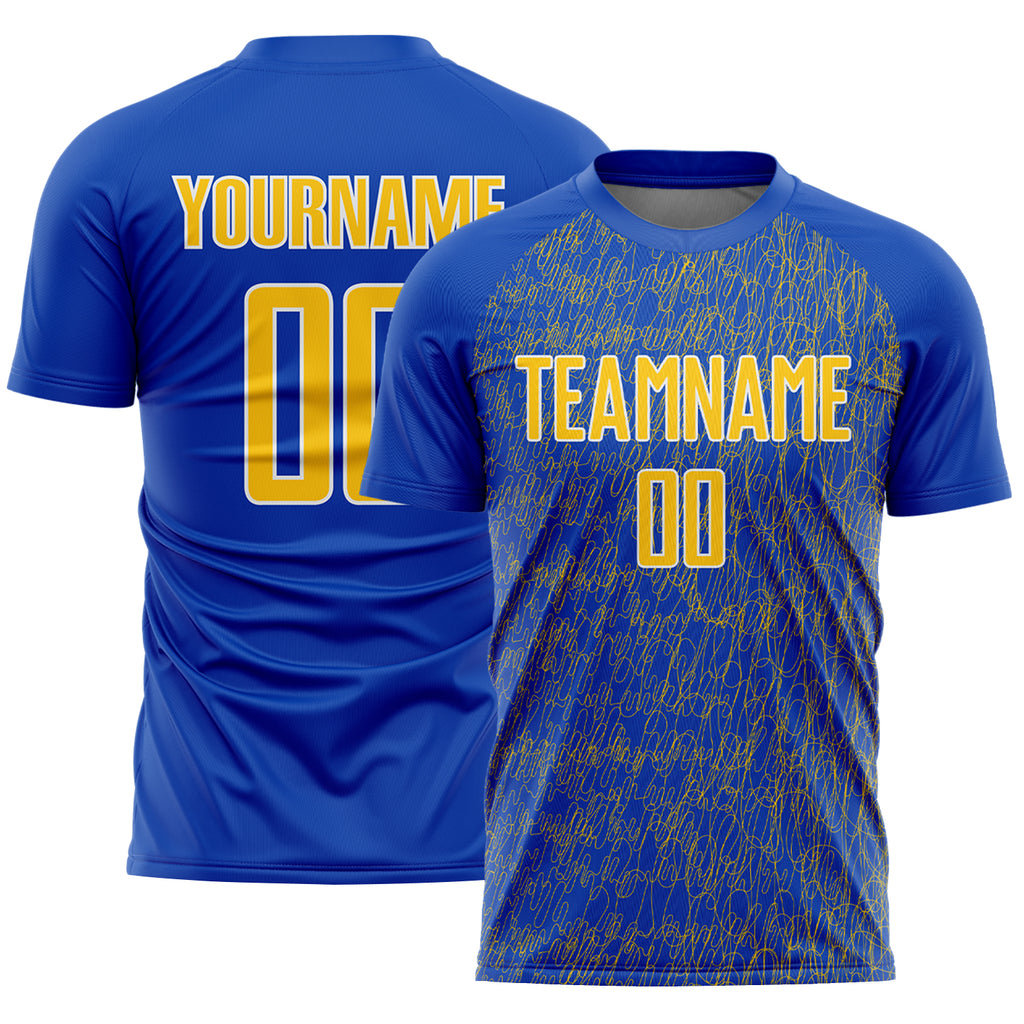 Custom Thunder Blue Yellow-White Abstract Scribble Curve Line Pattern Sports Sublimation Soccer Uniform Jersey