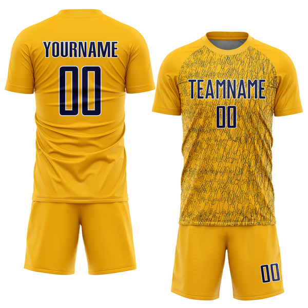 Custom Gold Navy-White Abstract Scribble Curve Line Pattern Sports Sublimation Soccer Uniform Jersey