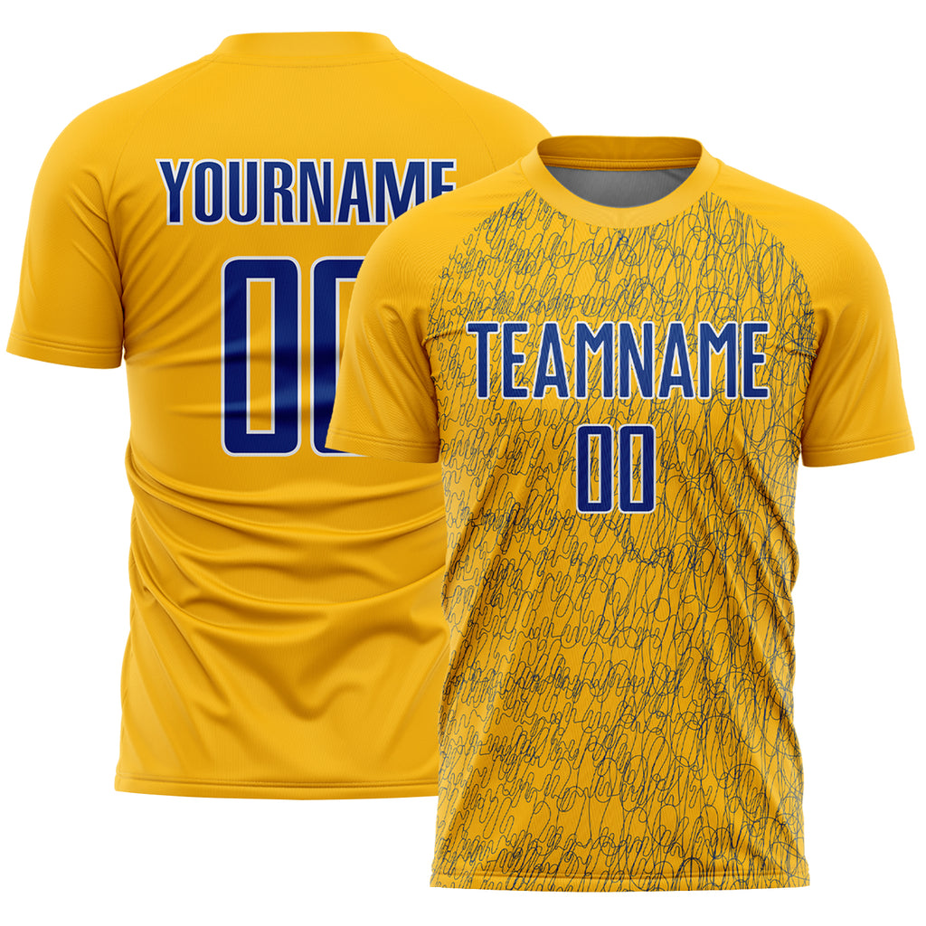 Custom Gold Royal-White Abstract Scribble Curve Line Pattern Sports Sublimation Soccer Uniform Jersey