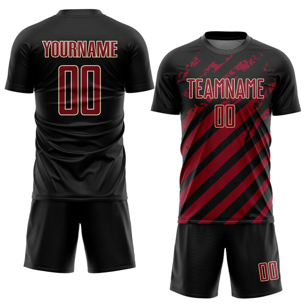 Custom Black Crimson-Cream Distressed Diagonal Stripe Pattern Sports Sublimation Soccer Uniform Jersey