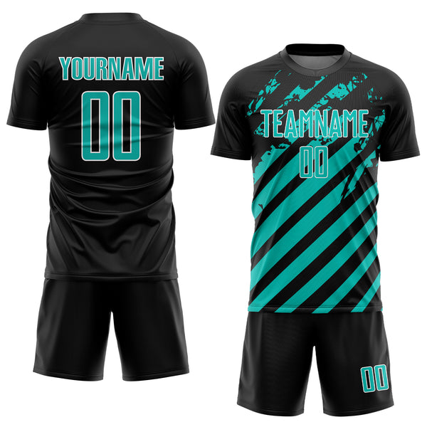 Custom Black Aqua-White Distressed Diagonal Stripe Pattern Sports Sublimation Soccer Uniform Jersey