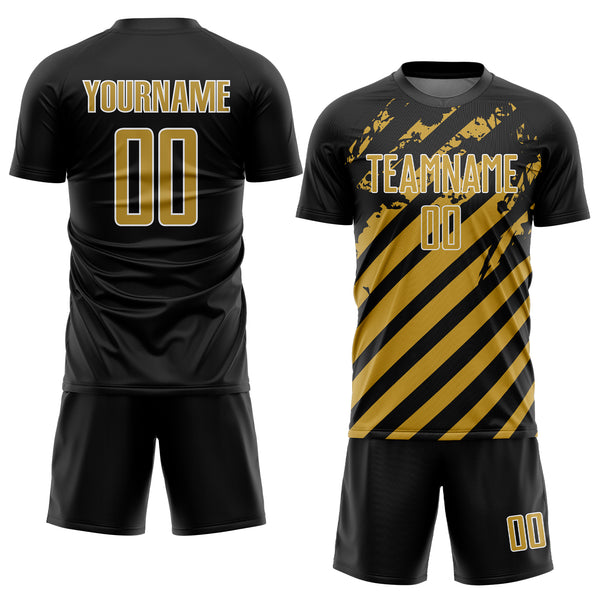 Custom Black Old Gold-White Distressed Diagonal Stripe Pattern Sports Sublimation Soccer Uniform Jersey