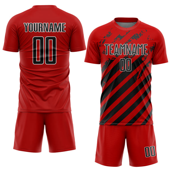 Custom Red Black-White Distressed Diagonal Stripe Pattern Sports Sublimation Soccer Uniform Jersey
