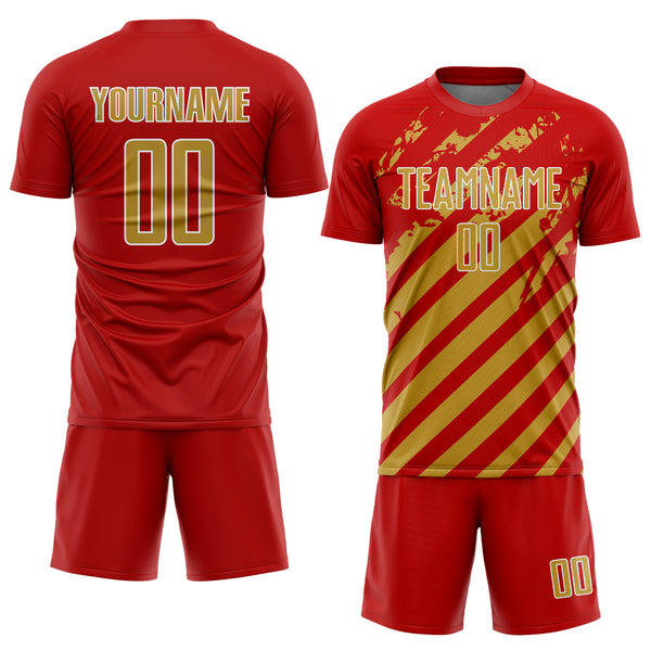 Custom Red Old Gold-White Distressed Diagonal Stripe Pattern Sports Sublimation Soccer Uniform Jersey