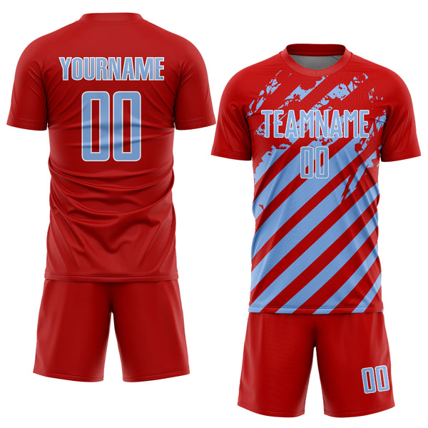Custom Red Light Blue-White Distressed Diagonal Stripe Pattern Sports Sublimation Soccer Uniform Jersey