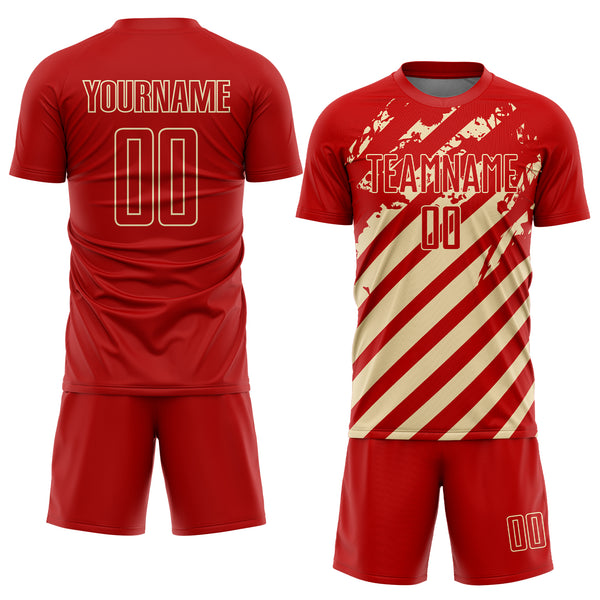 Custom Red Cream Distressed Diagonal Stripe Pattern Sports Sublimation Soccer Uniform Jersey