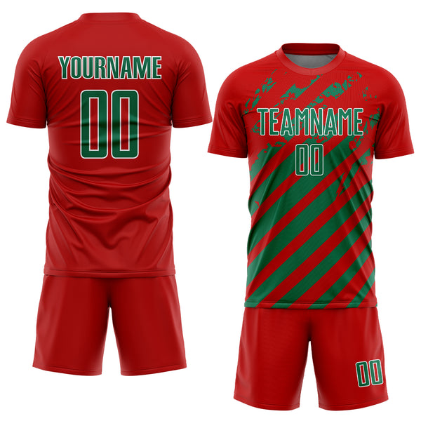 Custom Red Kelly Green-White Distressed Diagonal Stripe Pattern Sports Sublimation Soccer Uniform Jersey