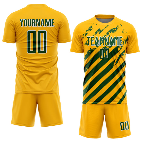 Custom Gold Green-White Distressed Diagonal Stripe Pattern Sports Sublimation Soccer Uniform Jersey