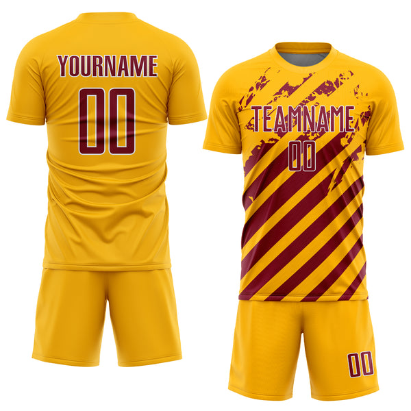 Custom Gold Crimson-White Distressed Diagonal Stripe Pattern Sports Sublimation Soccer Uniform Jersey