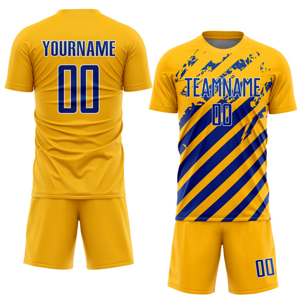 Custom Gold Royal-White Distressed Diagonal Stripe Pattern Sports Sublimation Soccer Uniform Jersey