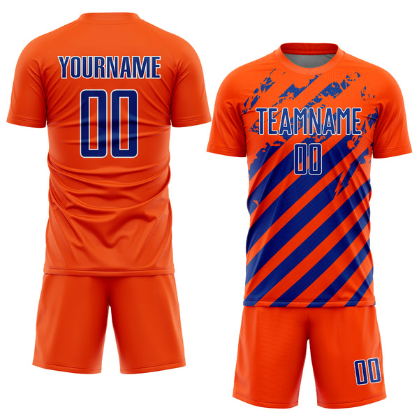 Custom Orange Royal-White Distressed Diagonal Stripe Pattern Sports Sublimation Soccer Uniform Jersey