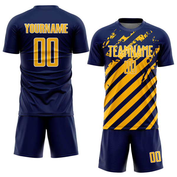 Custom Navy Gold-White Distressed Diagonal Stripe Pattern Sports Sublimation Soccer Uniform Jersey