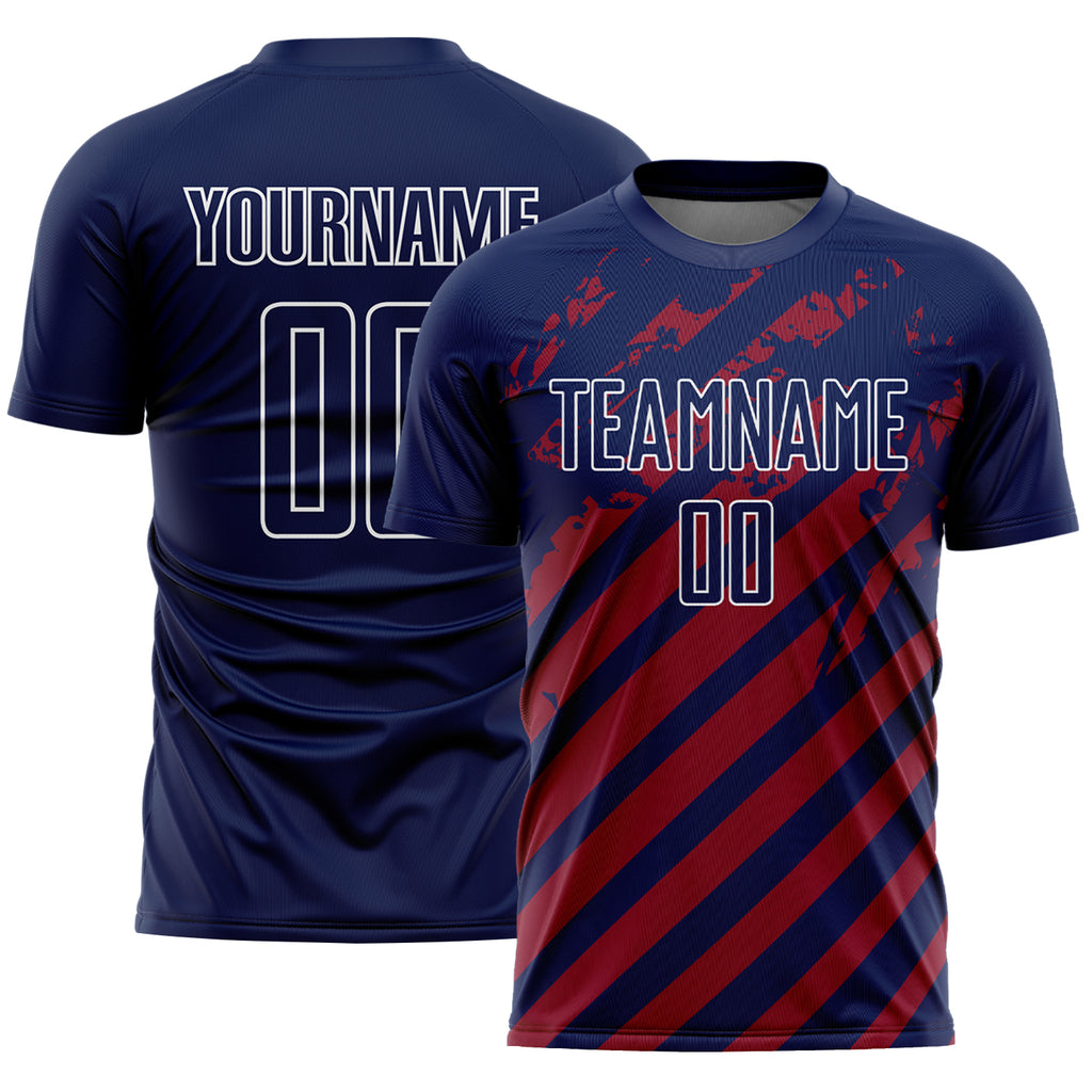 Custom Navy White-Red Distressed Diagonal Stripe Pattern Sports Sublimation Soccer Uniform Jersey