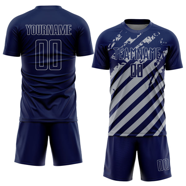 Custom Navy Gray Distressed Diagonal Stripe Pattern Sports Sublimation Soccer Uniform Jersey