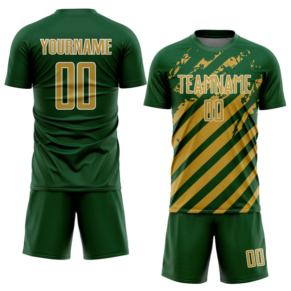 Custom Green Old Gold-White Distressed Diagonal Stripe Pattern Sports Sublimation Soccer Uniform Jersey