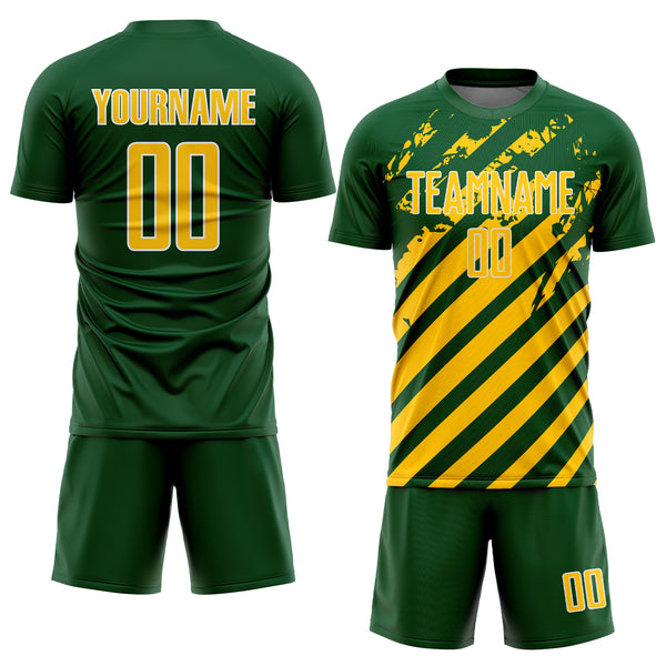 Custom Green Yellow-White Distressed Diagonal Stripe Pattern Sports Sublimation Soccer Uniform Jersey