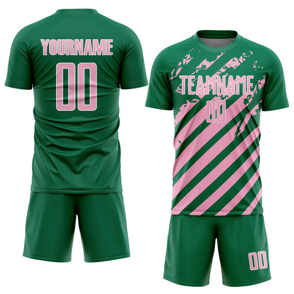 Custom Kelly Green Light Pink-White Distressed Diagonal Stripe Pattern Sports Sublimation Soccer Uniform Jersey