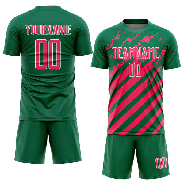 Custom Kelly Green Neon Pink-White Distressed Diagonal Stripe Pattern Sports Sublimation Soccer Uniform Jersey