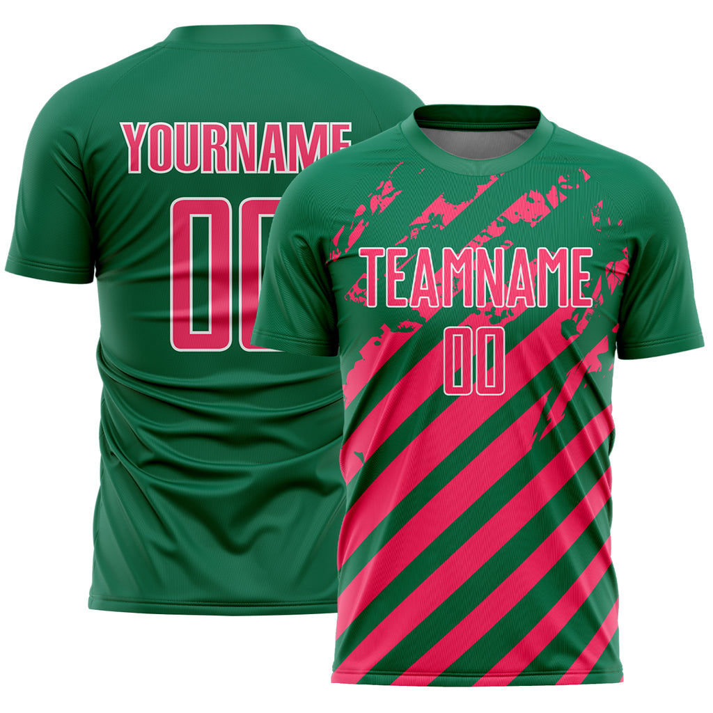 Custom Kelly Green Neon Pink-White Distressed Diagonal Stripe Pattern Sports Sublimation Soccer Uniform Jersey