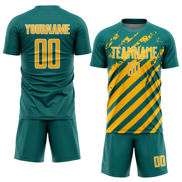 Custom Teal Gold-White Distressed Diagonal Stripe Pattern Sports Sublimation Soccer Uniform Jersey