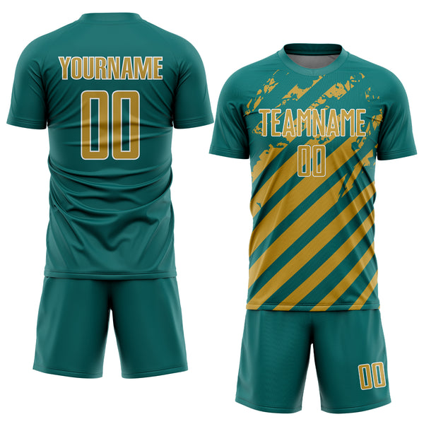 Custom Teal Old Gold-White Distressed Diagonal Stripe Pattern Sports Sublimation Soccer Uniform Jersey