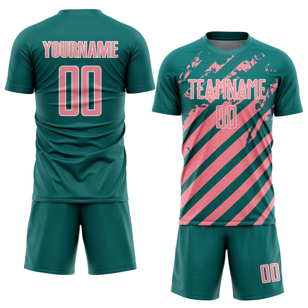 Custom Teal Medium Pink-White Distressed Diagonal Stripe Pattern Sports Sublimation Soccer Uniform Jersey