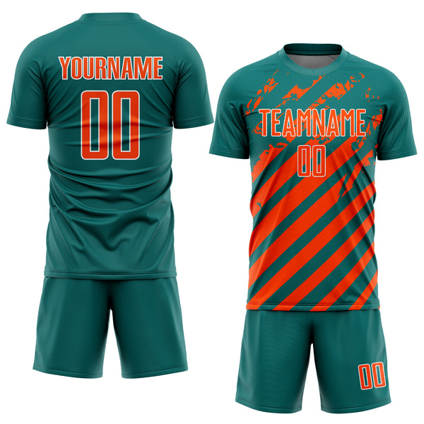 Custom Teal Orange-White Distressed Diagonal Stripe Pattern Sports Sublimation Soccer Uniform Jersey