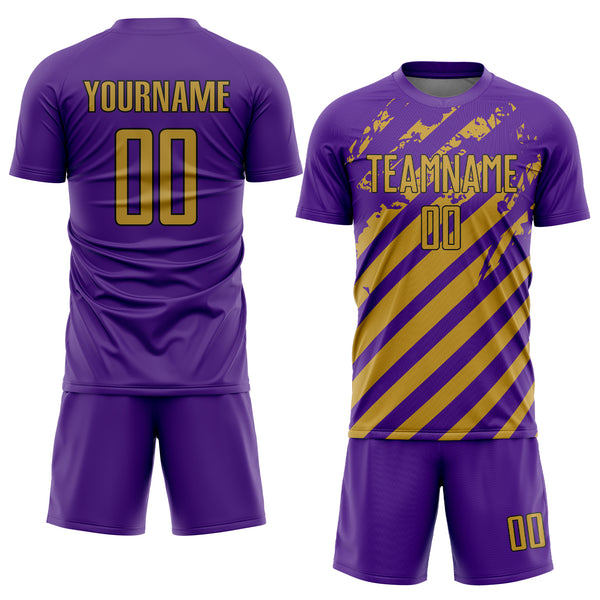 Custom Purple Old Gold-Black Distressed Diagonal Stripe Pattern Sports Sublimation Soccer Uniform Jersey