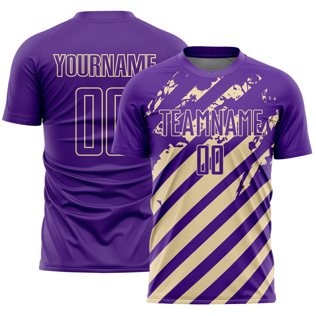 Custom Purple Cream Distressed Diagonal Stripe Pattern Sports Sublimation Soccer Uniform Jersey
