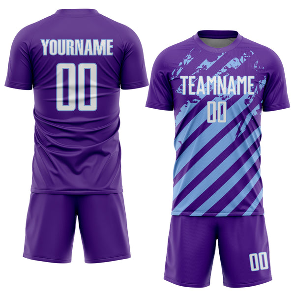 Custom Purple White-Light Blue Distressed Diagonal Stripe Pattern Sports Sublimation Soccer Uniform Jersey