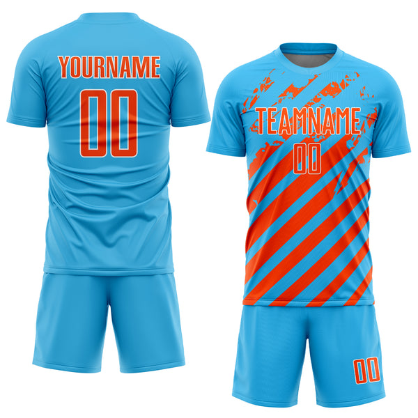 Custom Sky Blue Orange-White Distressed Diagonal Stripe Pattern Sports Sublimation Soccer Uniform Jersey