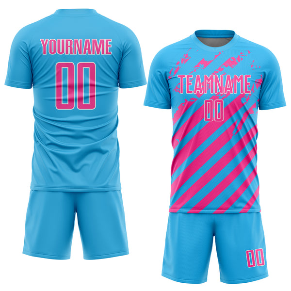 Custom Sky Blue Pink-White Distressed Diagonal Stripe Pattern Sports Sublimation Soccer Uniform Jersey