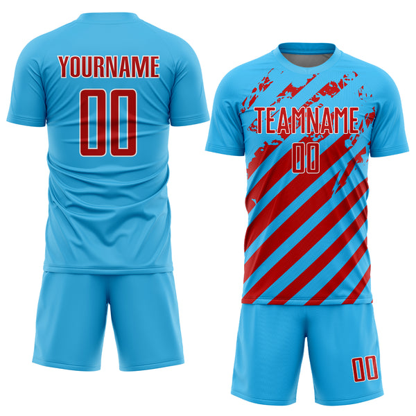 Custom Sky Blue Red-White Distressed Diagonal Stripe Pattern Sports Sublimation Soccer Uniform Jersey