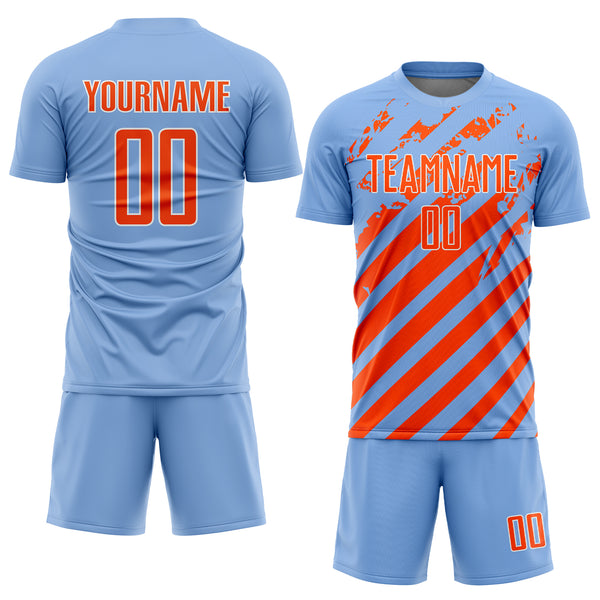Custom Light Blue Orange-White Distressed Diagonal Stripe Pattern Sports Sublimation Soccer Uniform Jersey