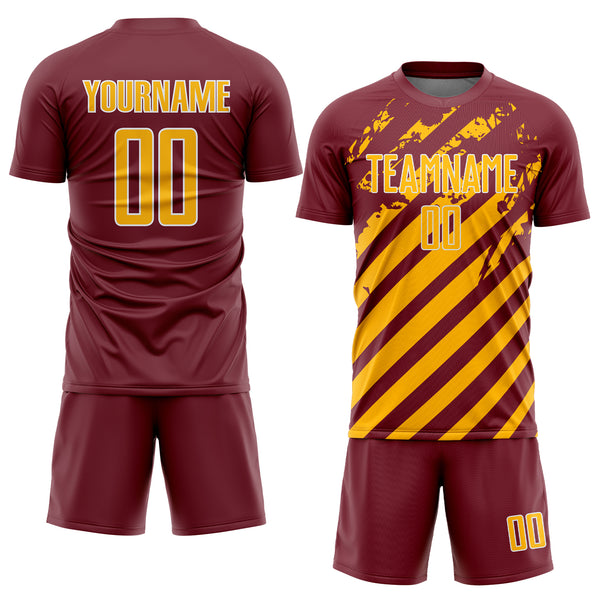 Custom Burgundy Gold-White Distressed Diagonal Stripe Pattern Sports Sublimation Soccer Uniform Jersey