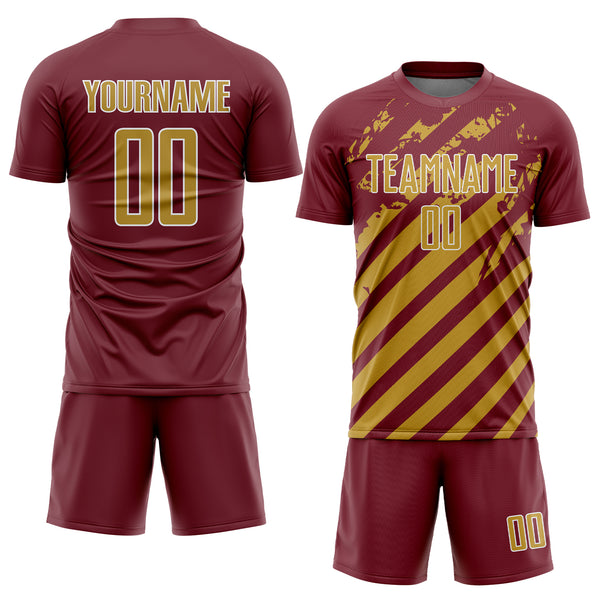 Custom Burgundy Old Gold-White Distressed Diagonal Stripe Pattern Sports Sublimation Soccer Uniform Jersey