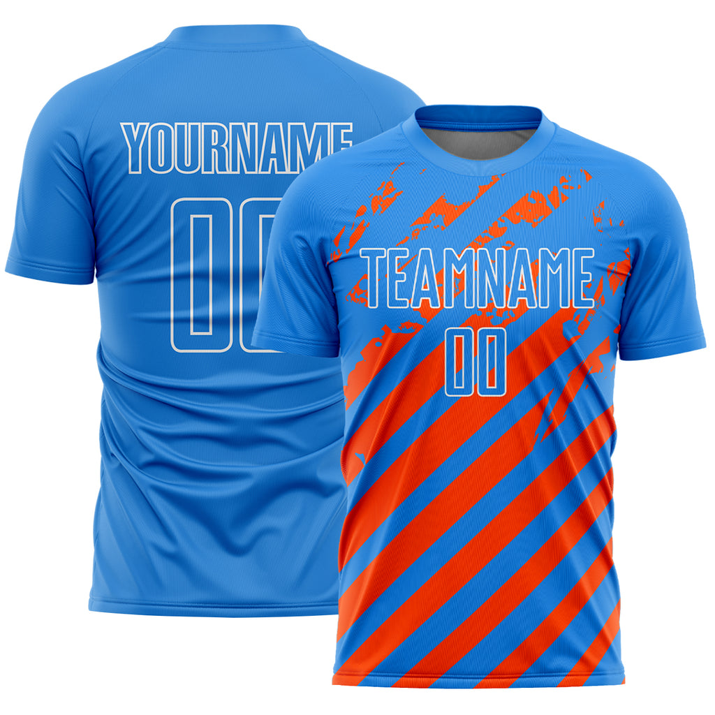Custom Powder Blue White-Orange Distressed Diagonal Stripe Pattern Sports Sublimation Soccer Uniform Jersey