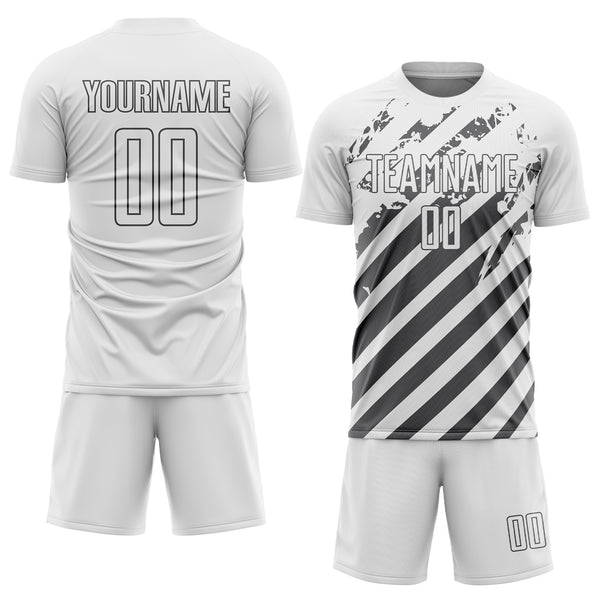Custom White Steel Gray Distressed Diagonal Stripe Pattern Sports Sublimation Soccer Uniform Jersey