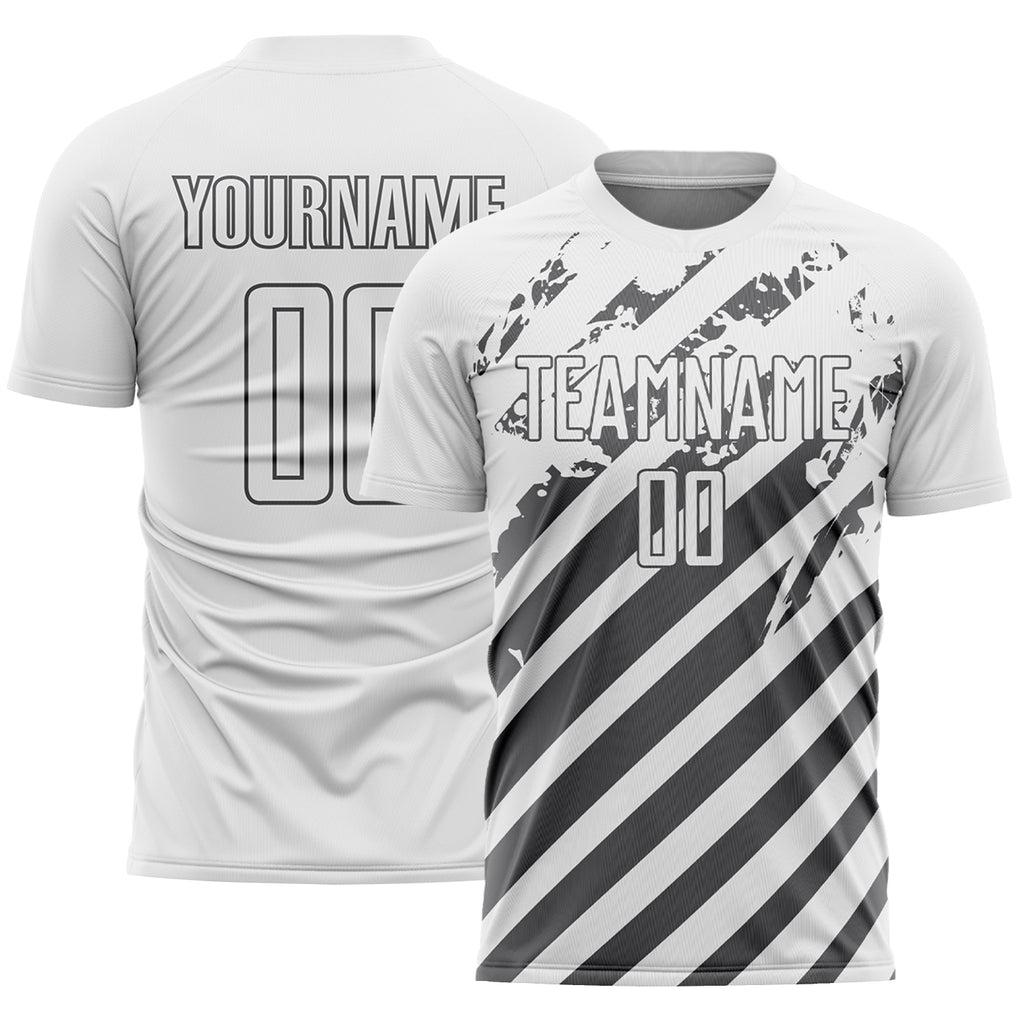 Custom White Steel Gray Distressed Diagonal Stripe Pattern Sports Sublimation Soccer Uniform Jersey