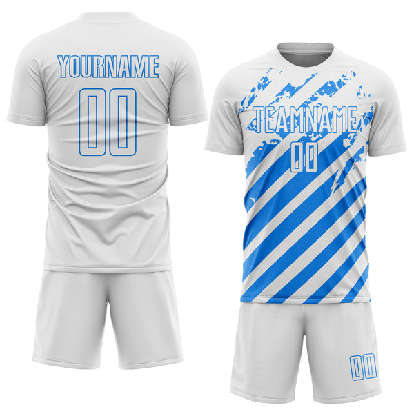 Custom White Powder Blue Distressed Diagonal Stripe Pattern Sports Sublimation Soccer Uniform Jersey