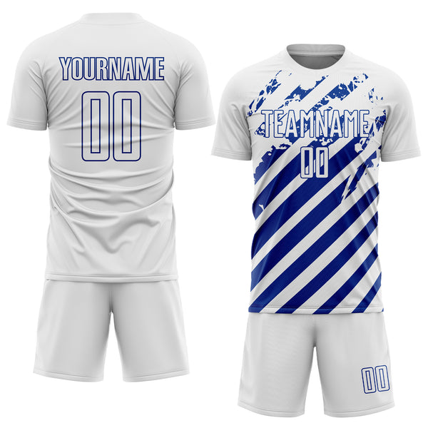Custom White Royal Distressed Diagonal Stripe Pattern Sports Sublimation Soccer Uniform Jersey