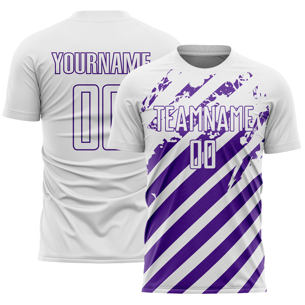 Custom White Purple Distressed Diagonal Stripe Pattern Sports Sublimation Soccer Uniform Jersey