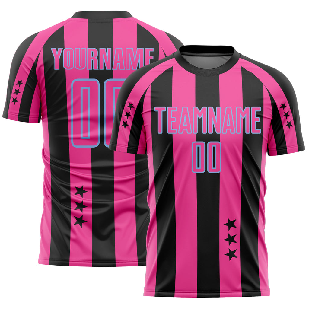 Custom Black Pink-Light Blue Stars And Stripes Sports Sublimation Soccer Uniform Jersey