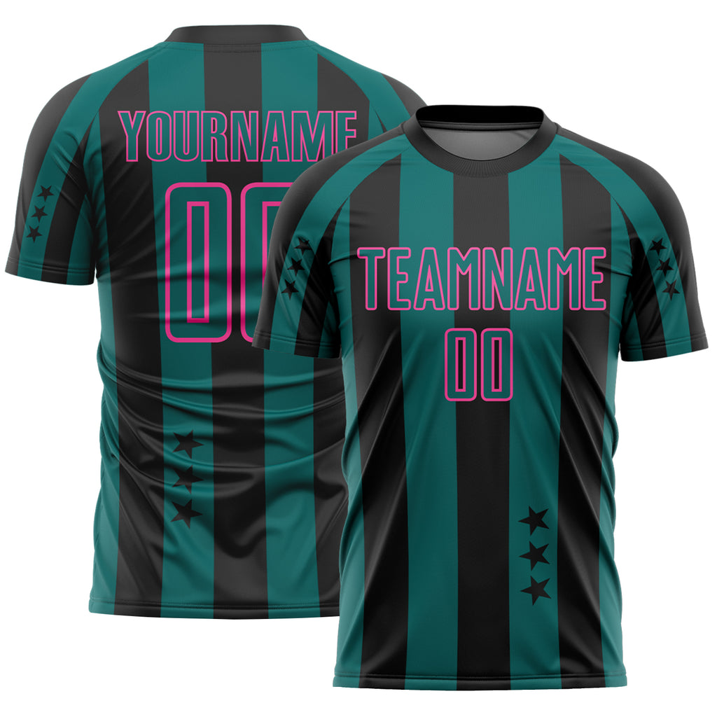 Custom Black Teal-Pink Stars And Stripes Sports Sublimation Soccer Uniform Jersey